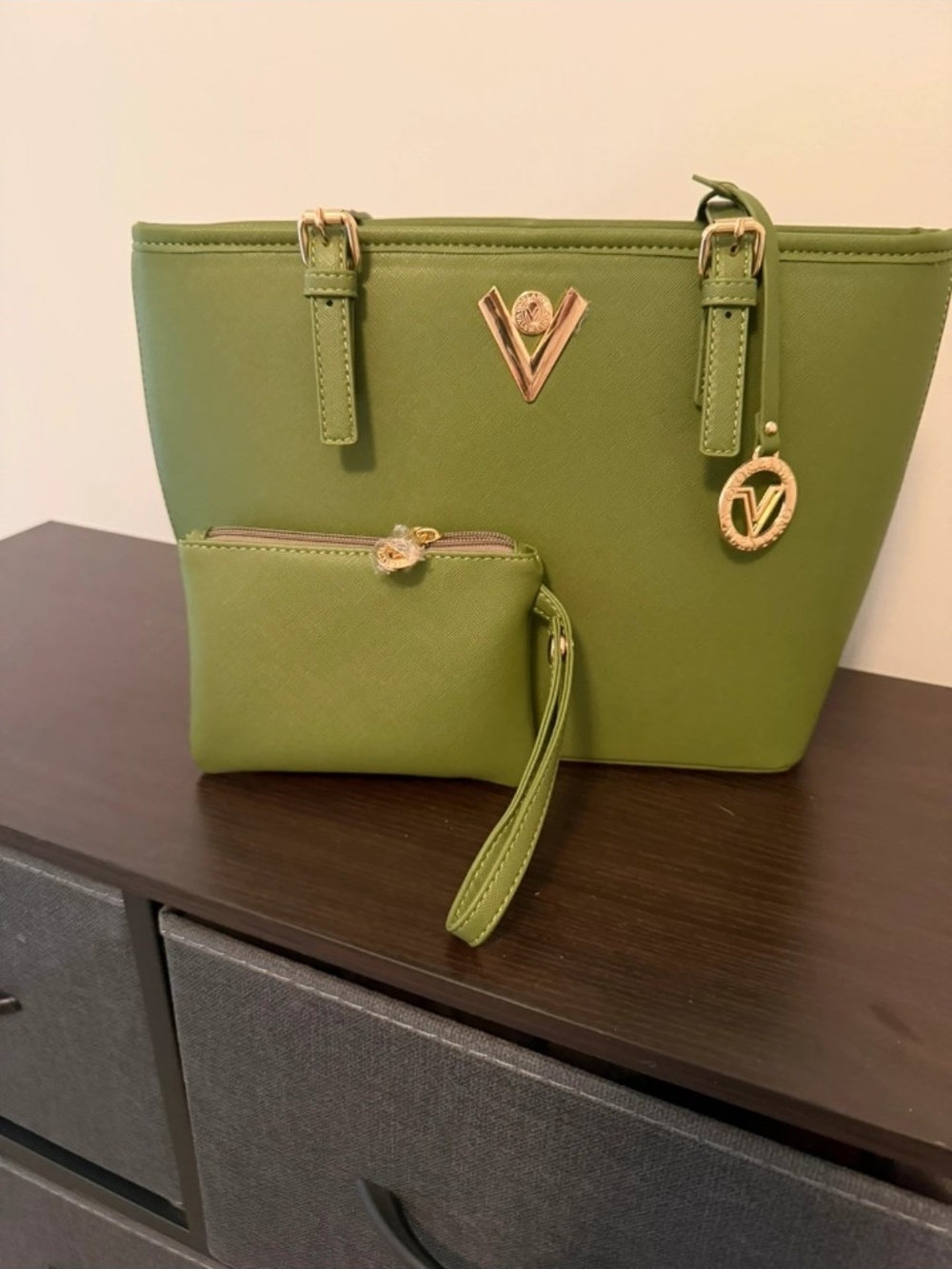 Valentino Orlando Olive Green Tote Bag with Wristlet